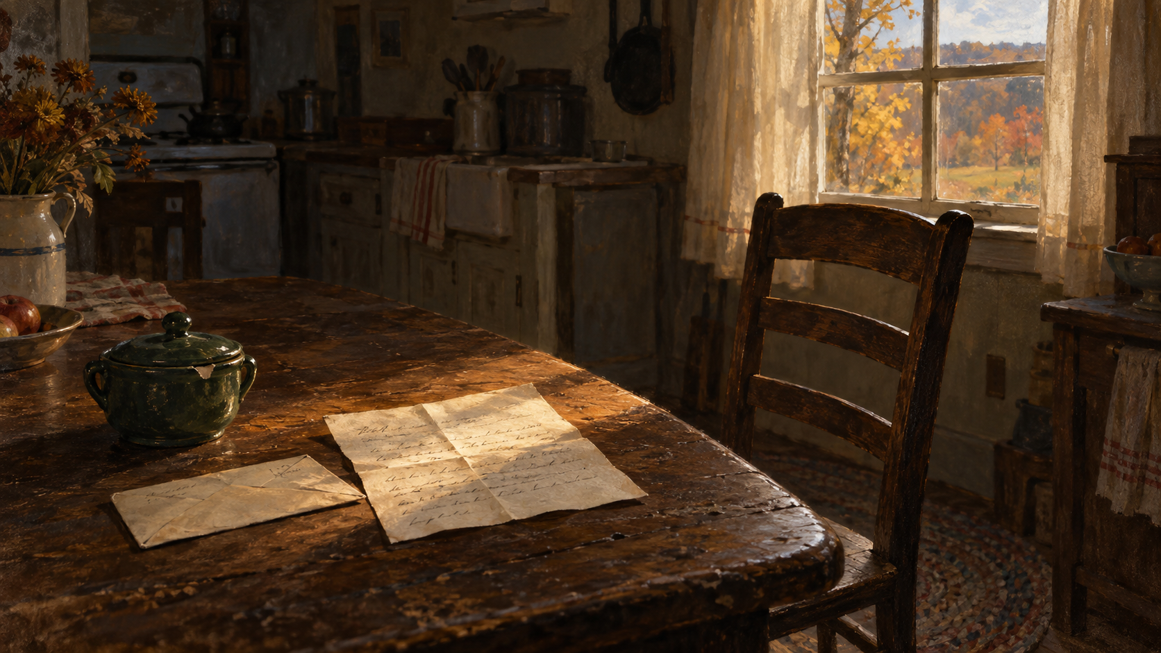An old letter and a green sugar bowl on a Tennessee kitchen table in afternoon light